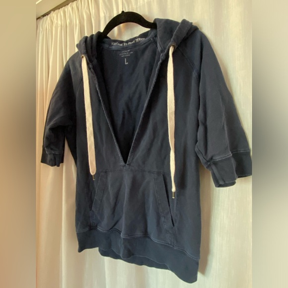 J. Crew Short Sleeve Hoodie Vintage French Terry V neck Size Woman’s Large - Picture 3 of 6